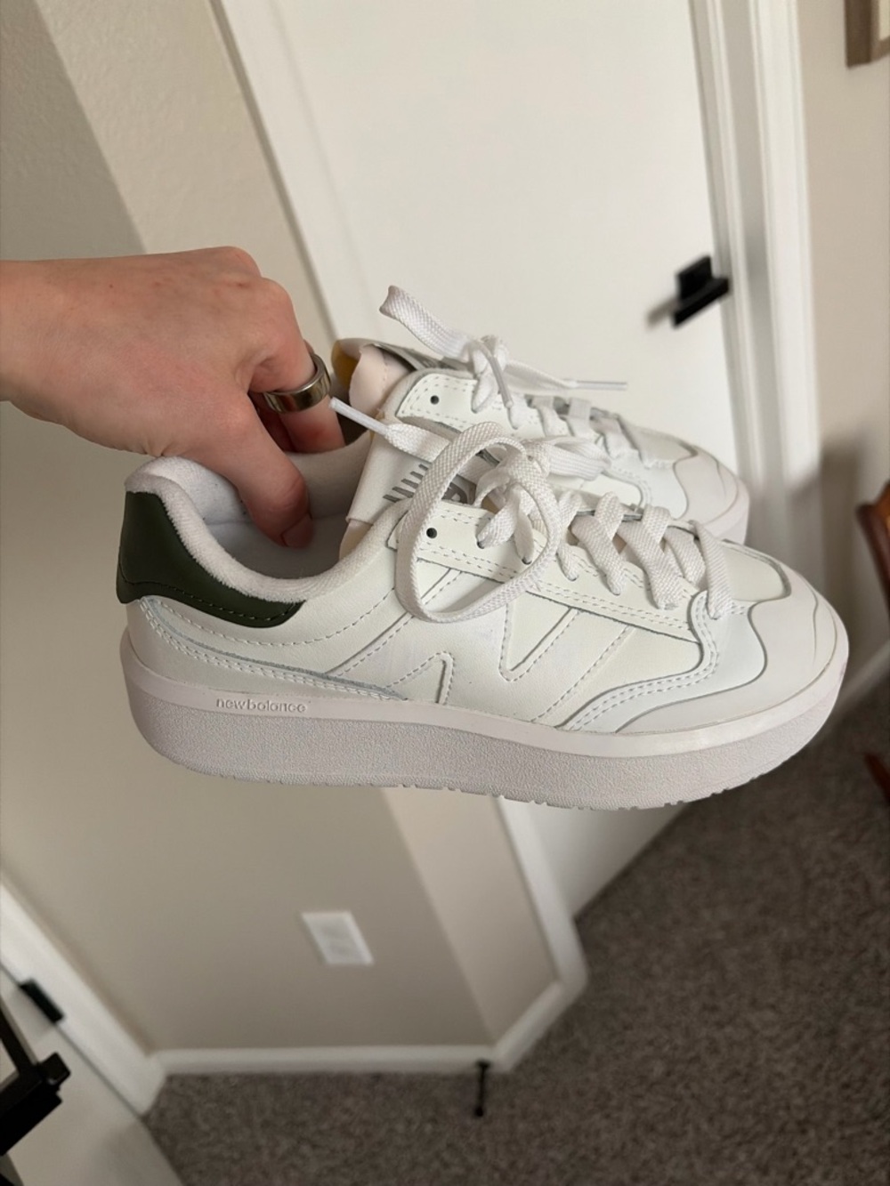 New Balance White Leather Sneakers with Olive Heel Accent